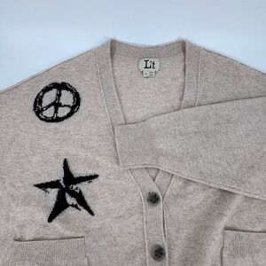 L+t Wool Cashmere Oversized Cardigan Oatmeal Peace Star Horseshoe Womens Medium